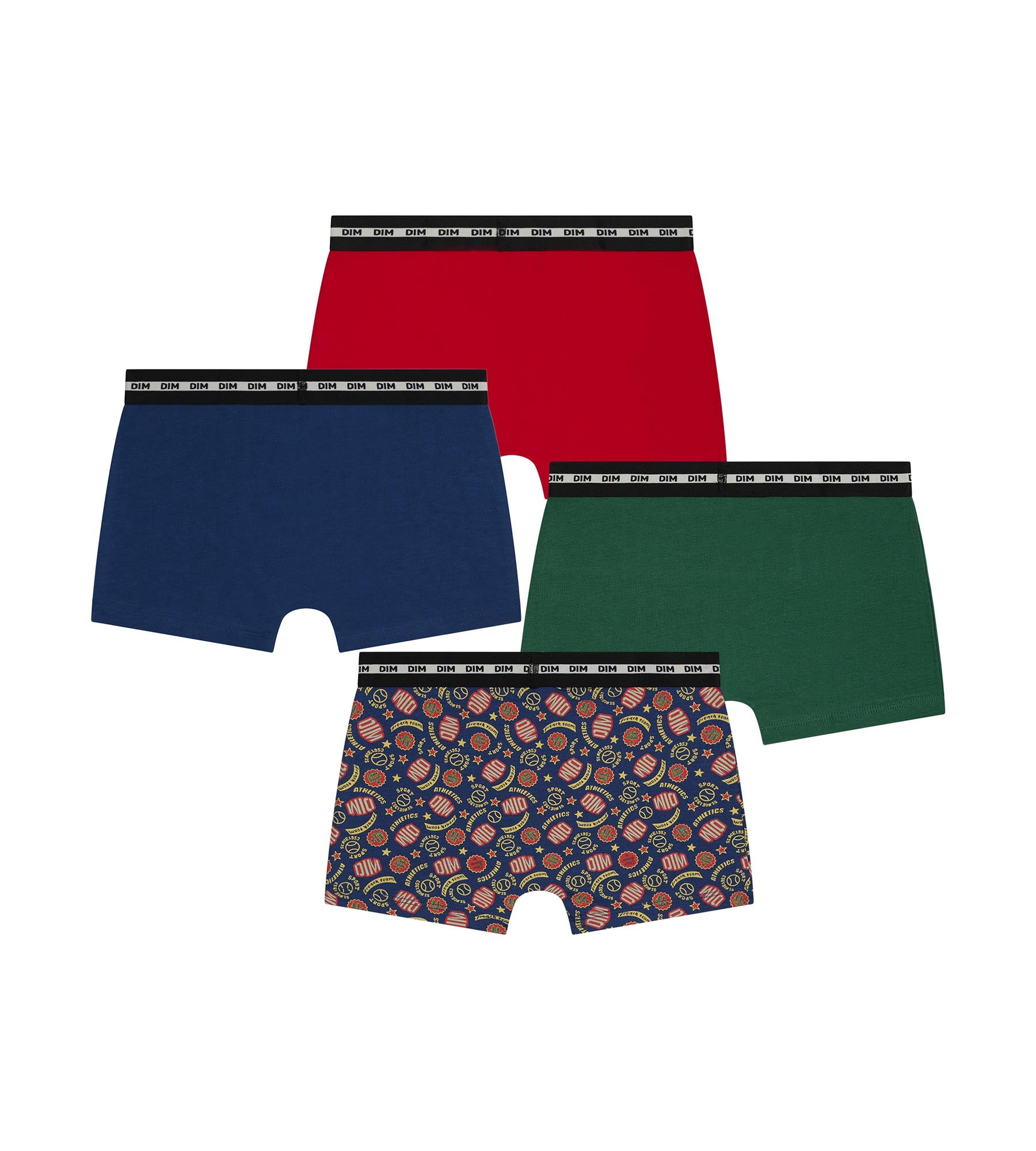 dim-coton-stretch-lot-de-4-boxers-enfant-baseball-rouge-vert-bleu image 2
