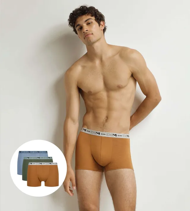 dim-lot-de-3-boxers-homme-coton-stretch-bio-kaki-ocre-bleu image 1