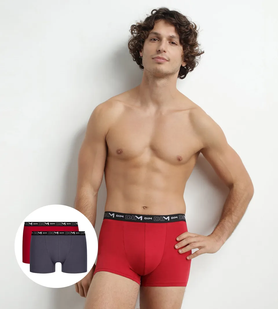 dim-lot-de-2-boxers-homme-coton-stretch-gris-rouge-d6596t2 image 1