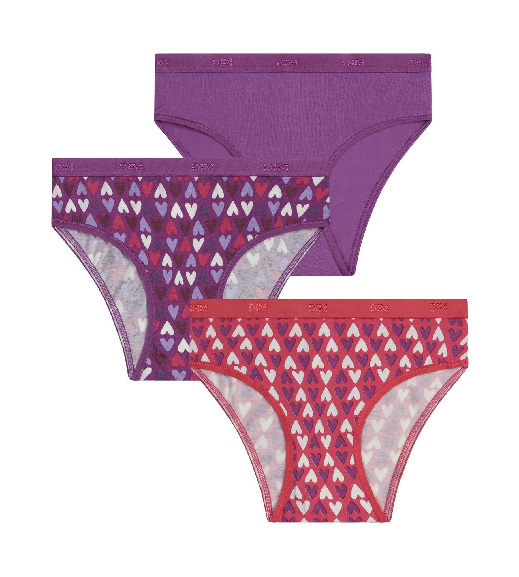 dim-les-pockets-lot-de-3-culottes-fille-coton-stretch-violet-rouge-c-urs image 3