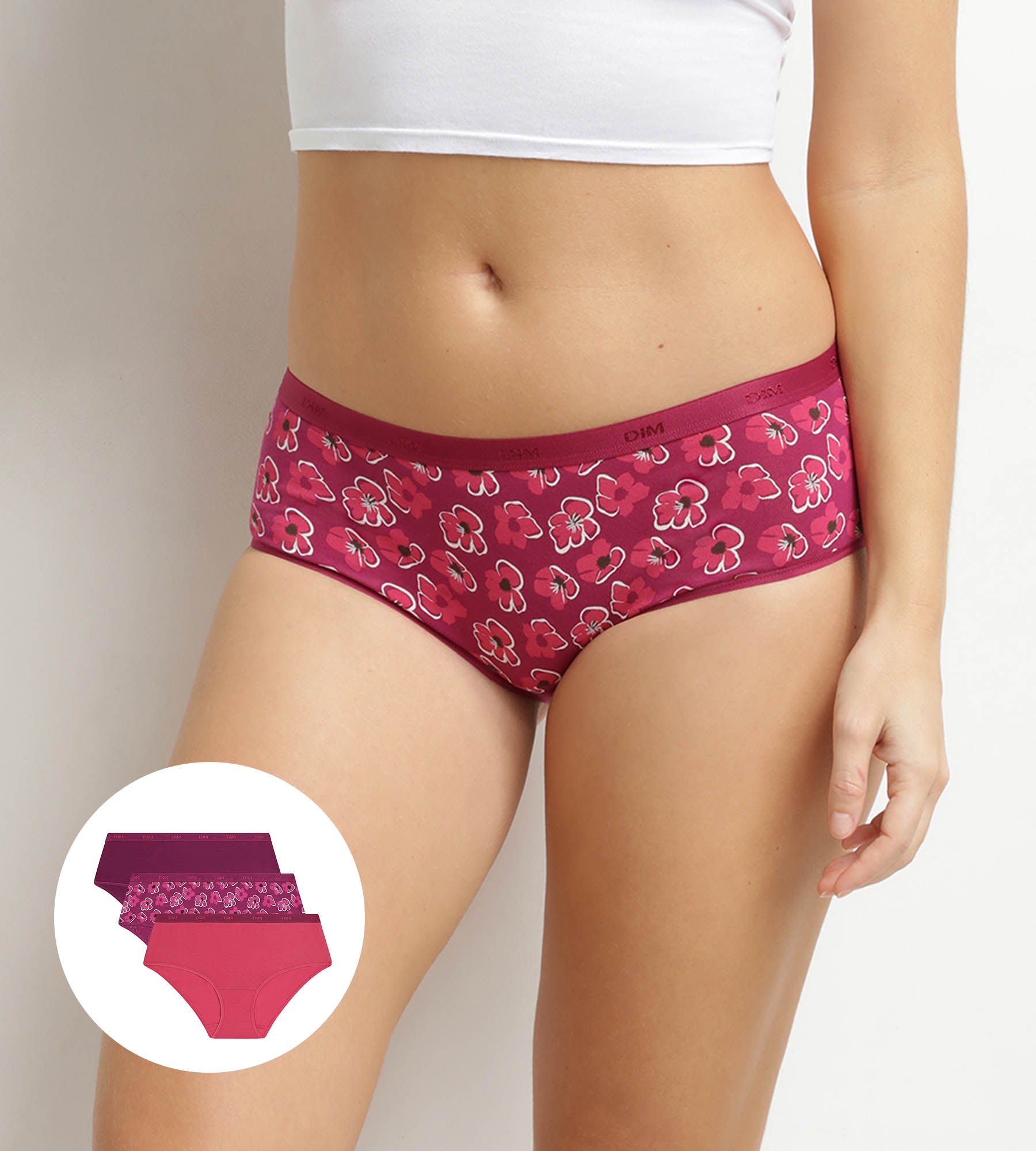 dim-les-pockets-lot-de-3-boxers-femme-coton-fleurs-rubis image 1