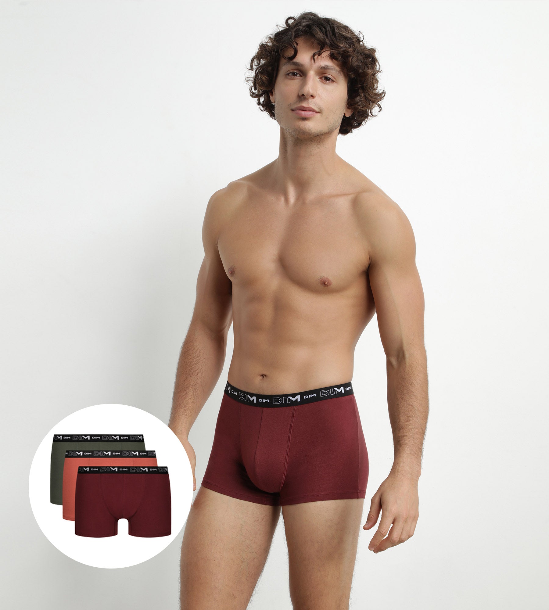 dim-coton-stretch-lot-de-3-boxers-homme-rouge-chili-rouge-terre-vert-tennis image 1