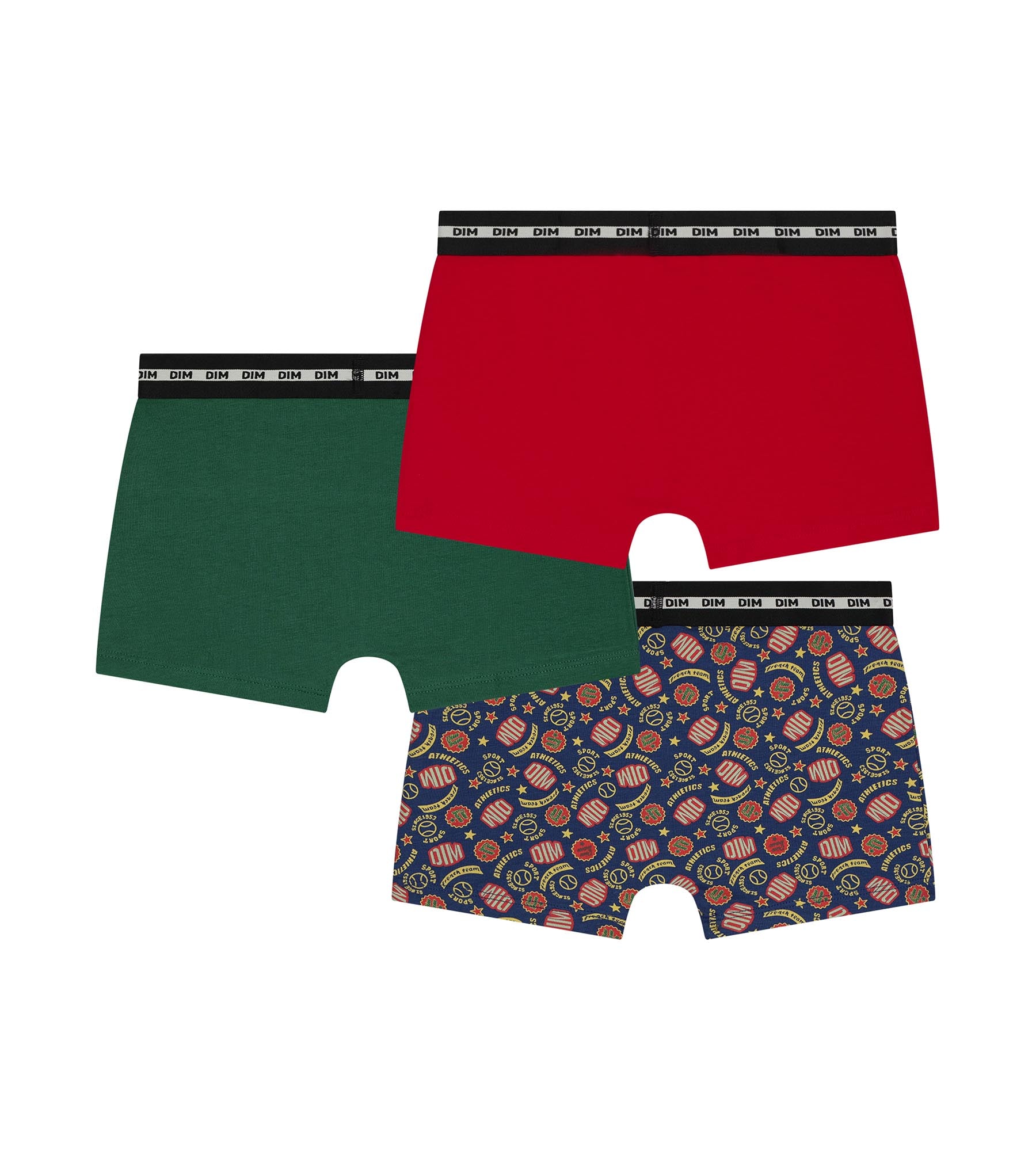 dim-lot-de-3-boxers-enfant-coton-stretch-rouge-vert-logos image 2