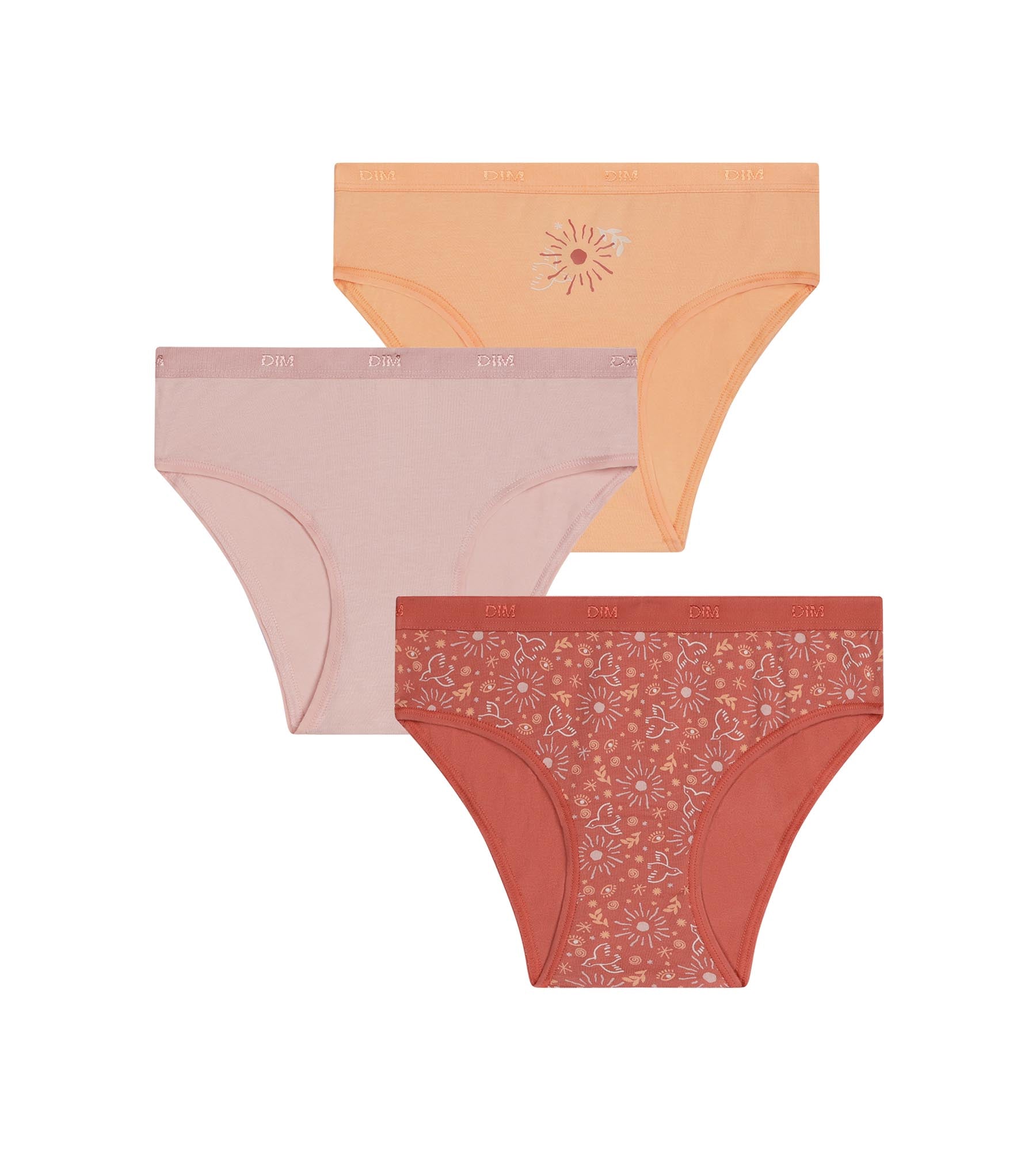 dim-les-pockets-lot-de-3-slips-fille-coton-stretch-motif-soleil-orange-rose image 1