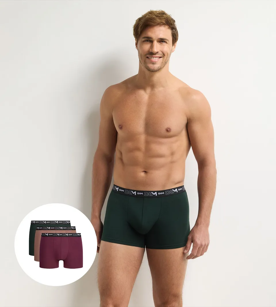dim-coton-stretch-lot-de-3-boxers-homme-vert-fonc-caramel-figue image 1