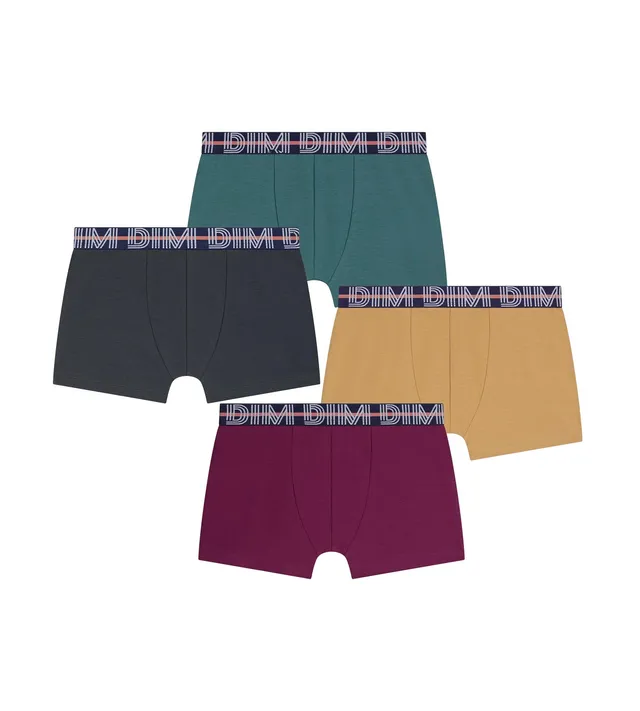 dim-lot-de-4-boxers-gar-on-coton-stretch-bordeaux-jaune-vert image 1