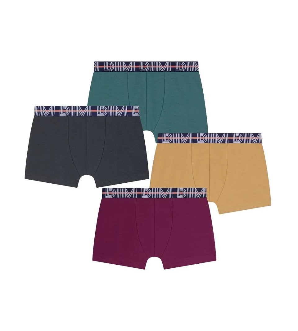 dim-lot-de-4-boxers-gar-on-coton-stretch-bordeaux-jaune-vert image 1